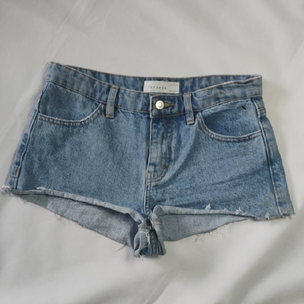 TOPSHOP Blue Jean High Waist Shorts 100% Cotton Frayed Hem Size 4 Country Casual